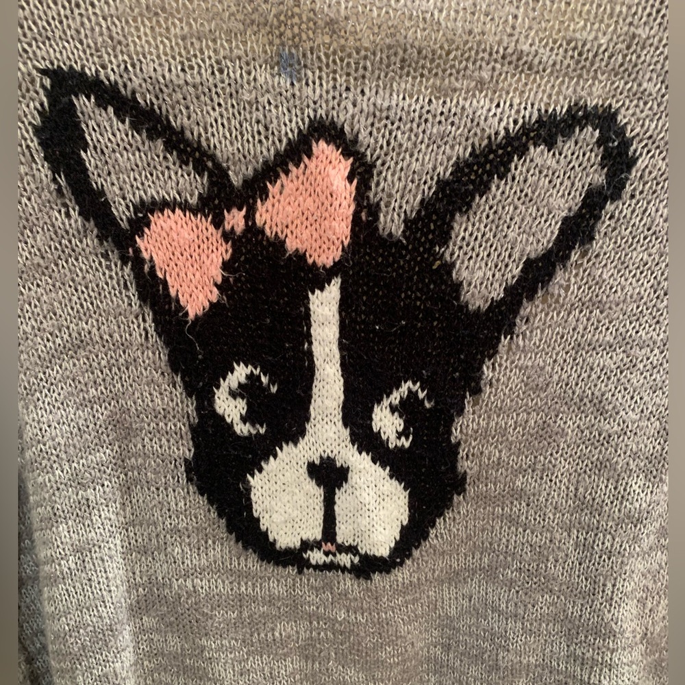Girls Justice Gray Open Cardigan Sweater French Bulldog & Pawprints Design 14